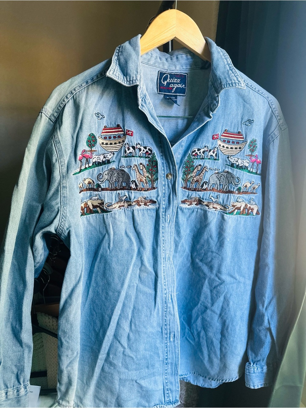Quizzz Again Light Blue Embroidered Denim Button-Down Shirt